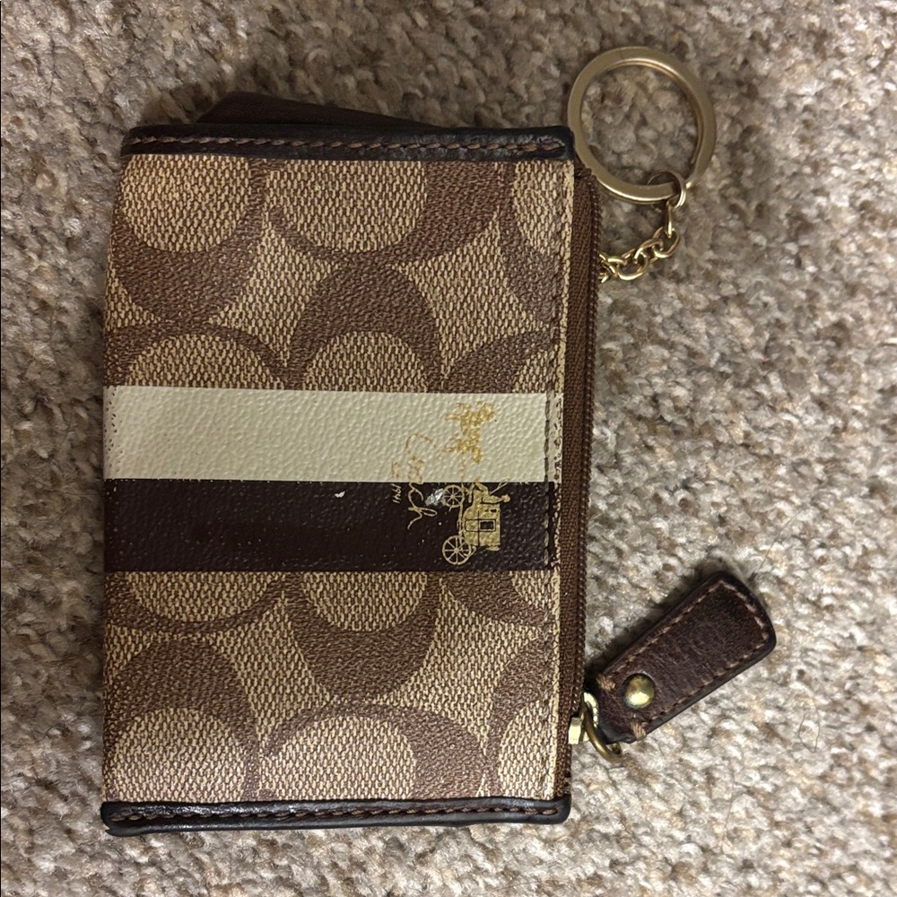 Coach Brown and Cream Stripe Zip Key Card Case